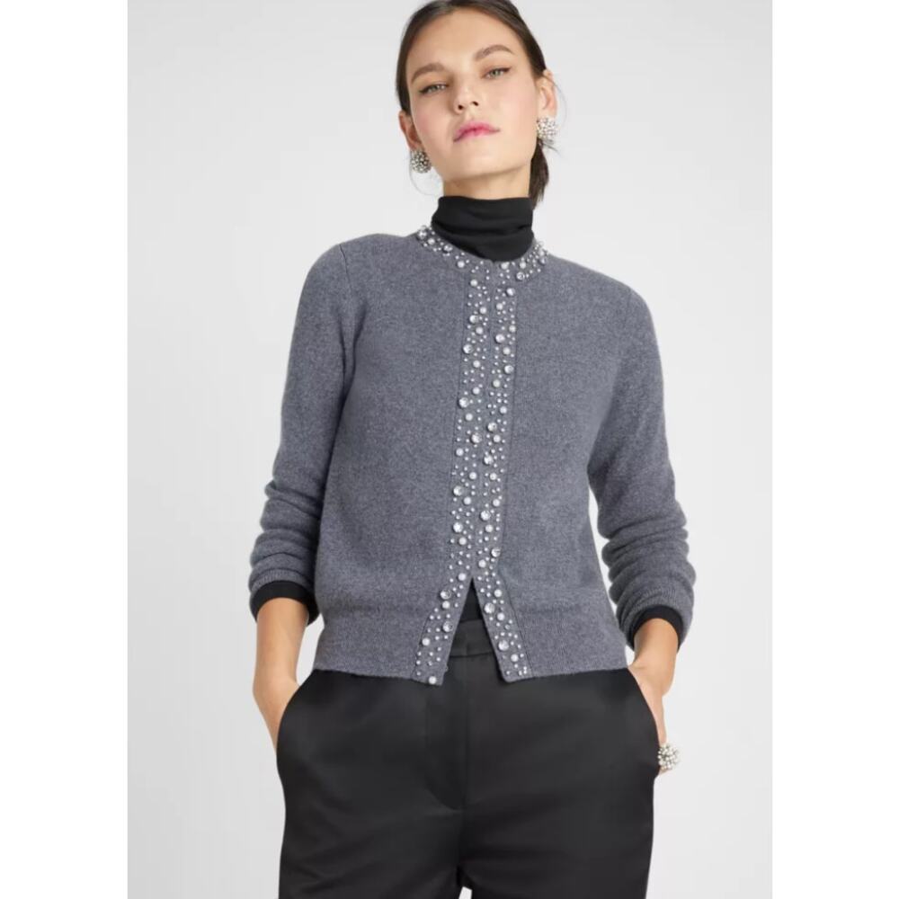 KATE SPADE  Pearl Rhinestone Embellished 100% Cashmere Cardigan Size Small